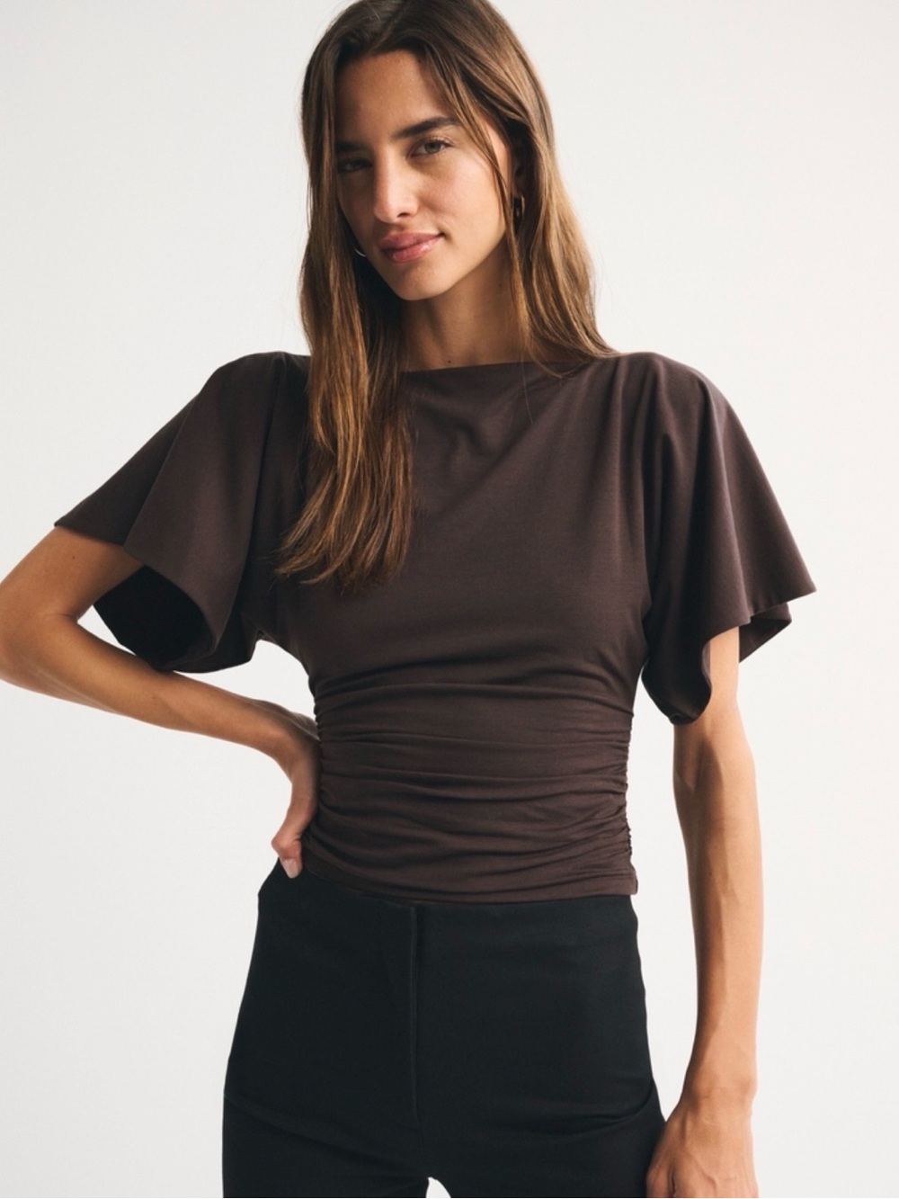 Abercrombie & Fitch Slash Neck Flutter Sleeve Top Brown NWT